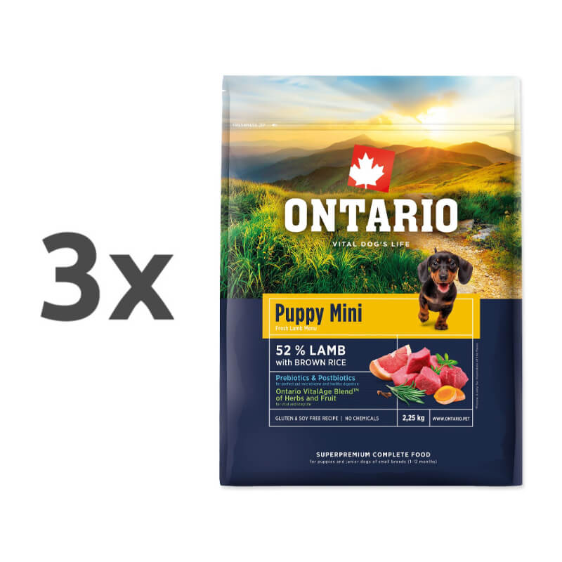 Ontario Puppy Mini - jagnjetina in rjavi riž - 3 x 2,25 kg