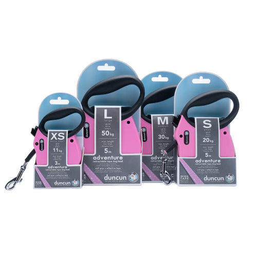 Duncun avtomatski povodec Adventure s trakom, roza - različne velikosti