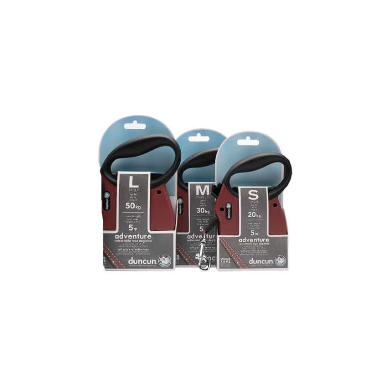 Duncun avtomatski povodec Adventure s trakom, rdeč - različne velikosti