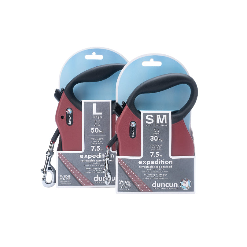 Duncun avtomatski povodec Expedition s trakom, rdeč - različne velikosti