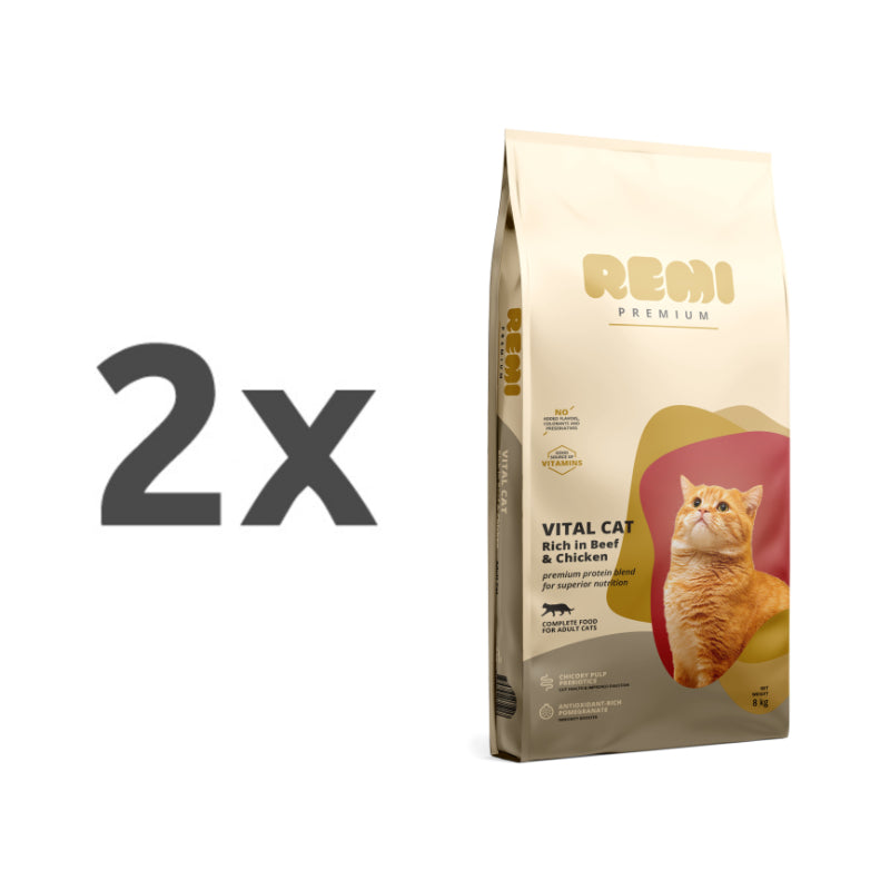 Remi Cat Premium Vital Adult, briketi - govedina in piščanec - 2 x 8 kg
