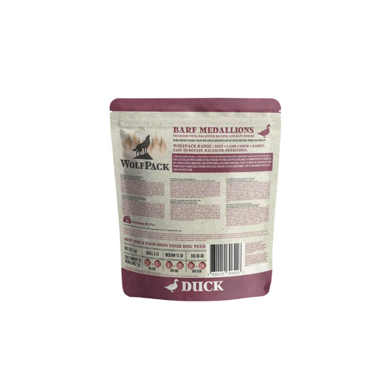 WolfPack Barf surova hrana v obliki medaljonov, raca - 1 kg (20 x 50 g) (2)