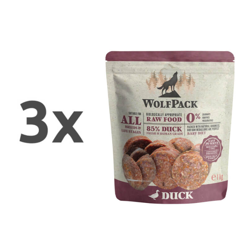 WolfPack Barf surova hrana v obliki medaljonov, raca - 1 kg (20 x 50 g) - 3 x 1 kg