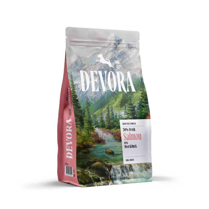 Devora Dog Mini Adult briketi - losos, divjačina in raca - 1,5 kg