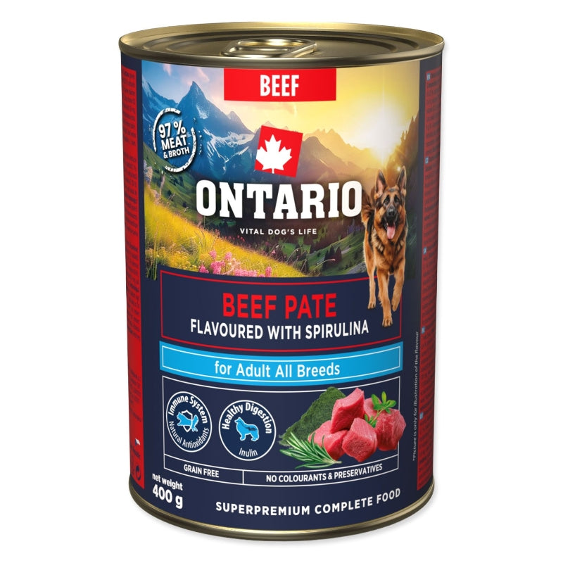 Ontario Dog Adult konzerva, pašteta - govedina in spirulina - 400 g