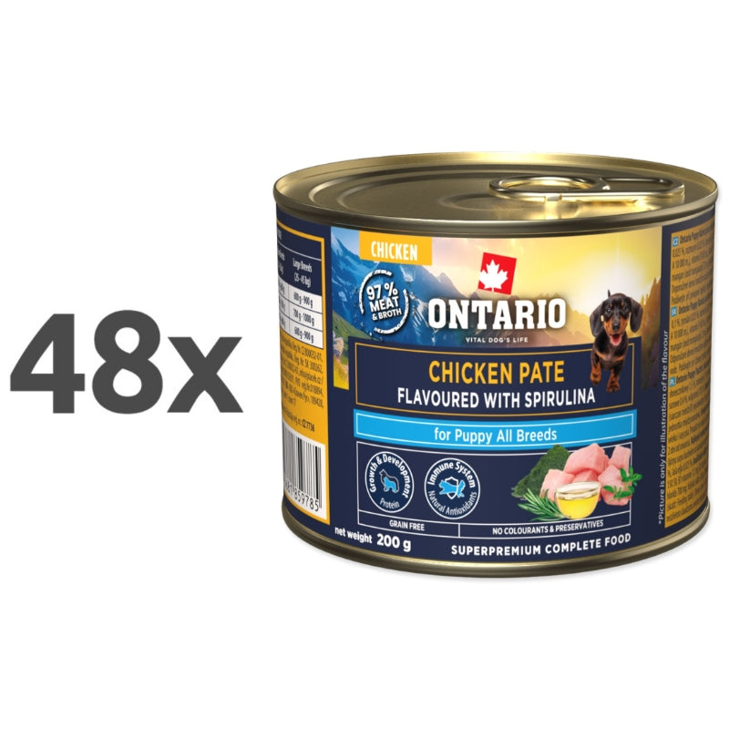 Ontario Dog Puppy konzerva, pašteta - piščanec in spirulina - 48 x 200 g