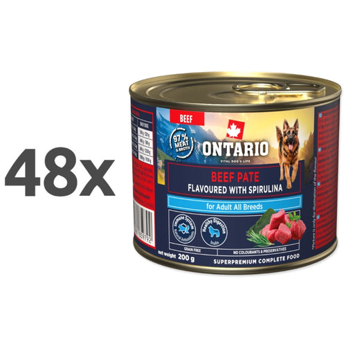 Ontario Dog Adult konzerva, pašteta - govedina in spirulina - 48 x 200 g