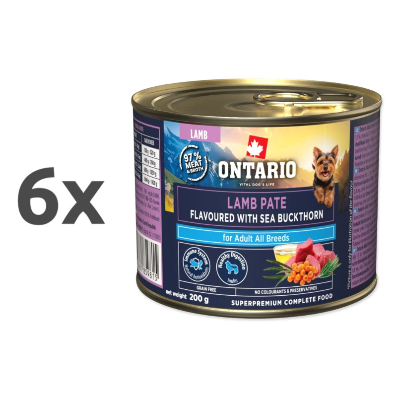Ontario Dog Adult konzerva, pašteta - jagnjetina in rakitovec - 6 x 200 g