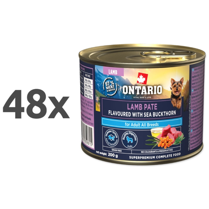 Ontario Dog Adult konzerva, pašteta - jagnjetina in rakitovec - 48 x 200 g