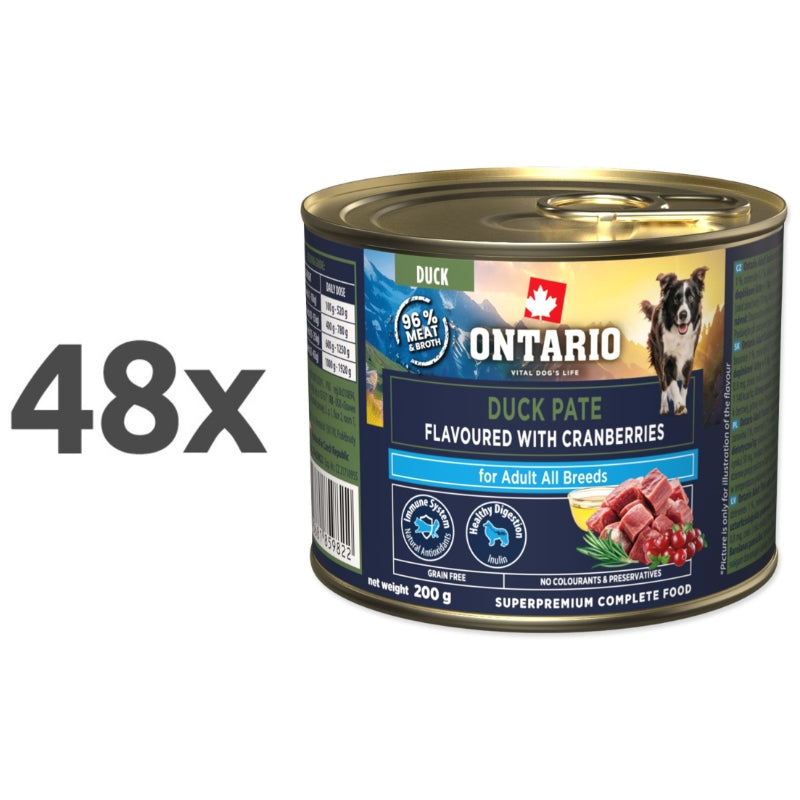 Ontario Dog Adult konzerva, pašteta - raca in brusnice - 48 x 200 g