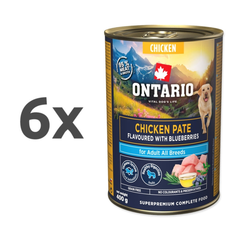 Ontario Dog Adult konzerva, pašteta - piščanec in borovnice - 6 x 400 g