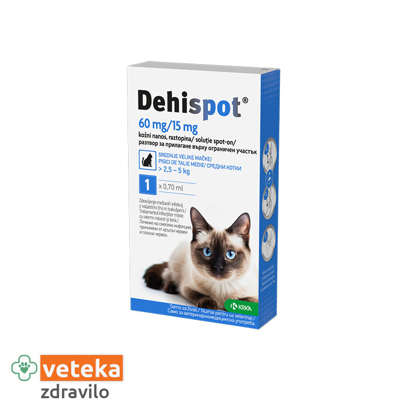Dehispot raztopina proti notr. zajedalcem za mačke, 2,5-5kg - 60mg/15mg 0,70ml