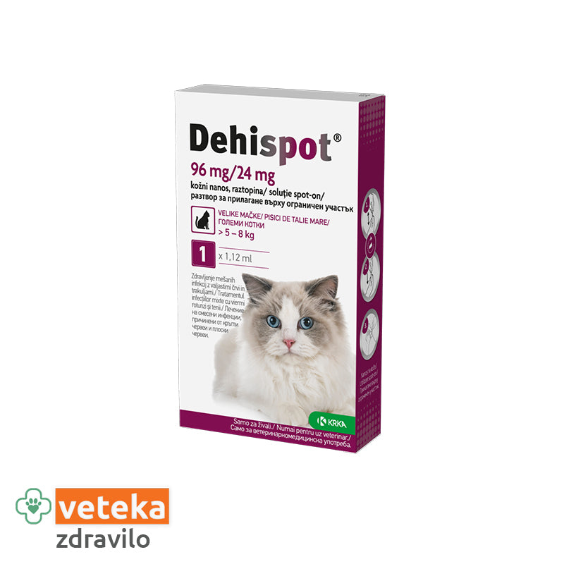 Dehispot raztopina proti notr. zajedalcem za mačke, 5-8kg - 96mg/24mg 1,12ml
