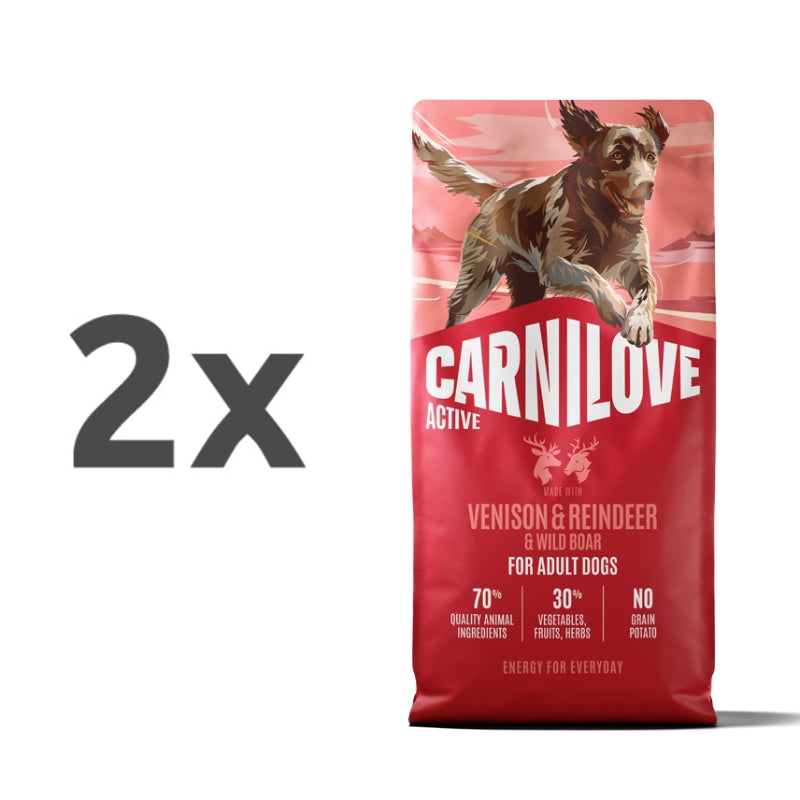 Carnilove Dog Active Adult, briketi - divjačina, jelen in divja svinja - 2 x 12 kg