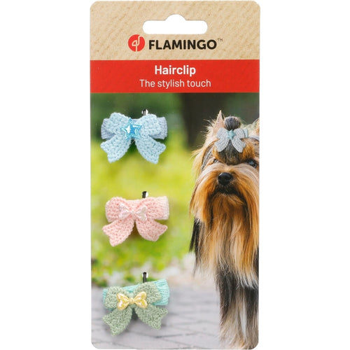 Flamingo sponka s pentljico za pasjo dlako Becca, modra, roza in zelena - 3 kos